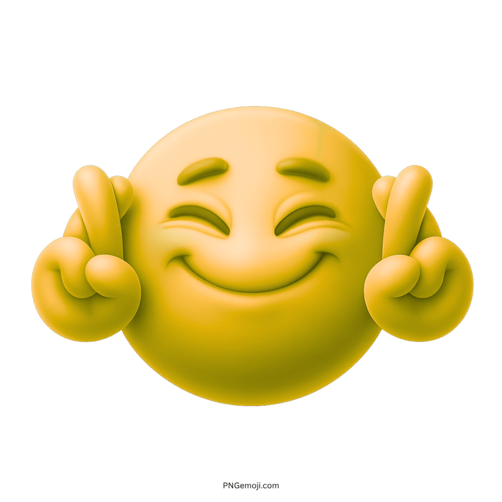 3D yellow emoji smiling with eyes closed and fingers crossed for good fortune