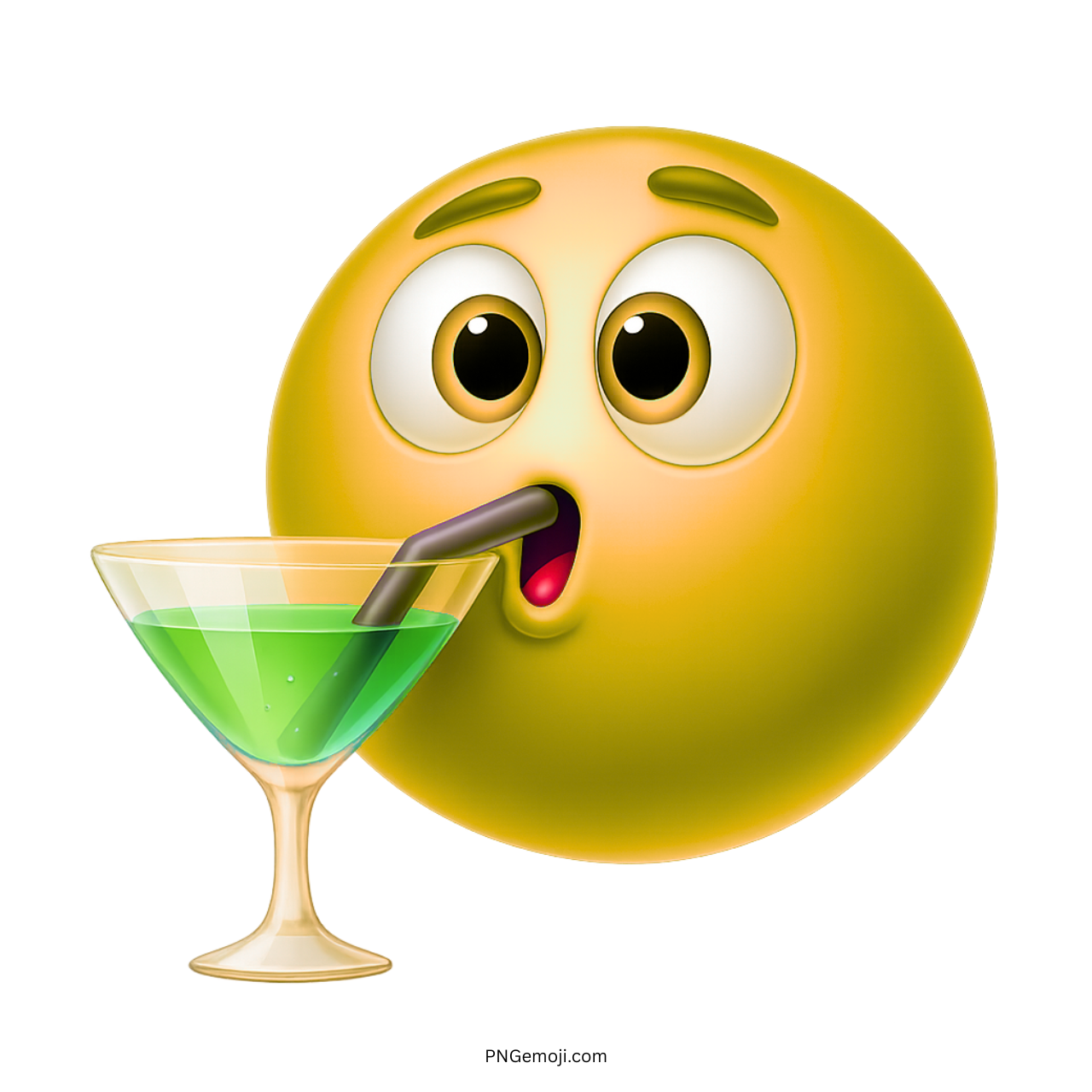 Yellow emoji face drinking green cocktail from martini glass using dark straw icon