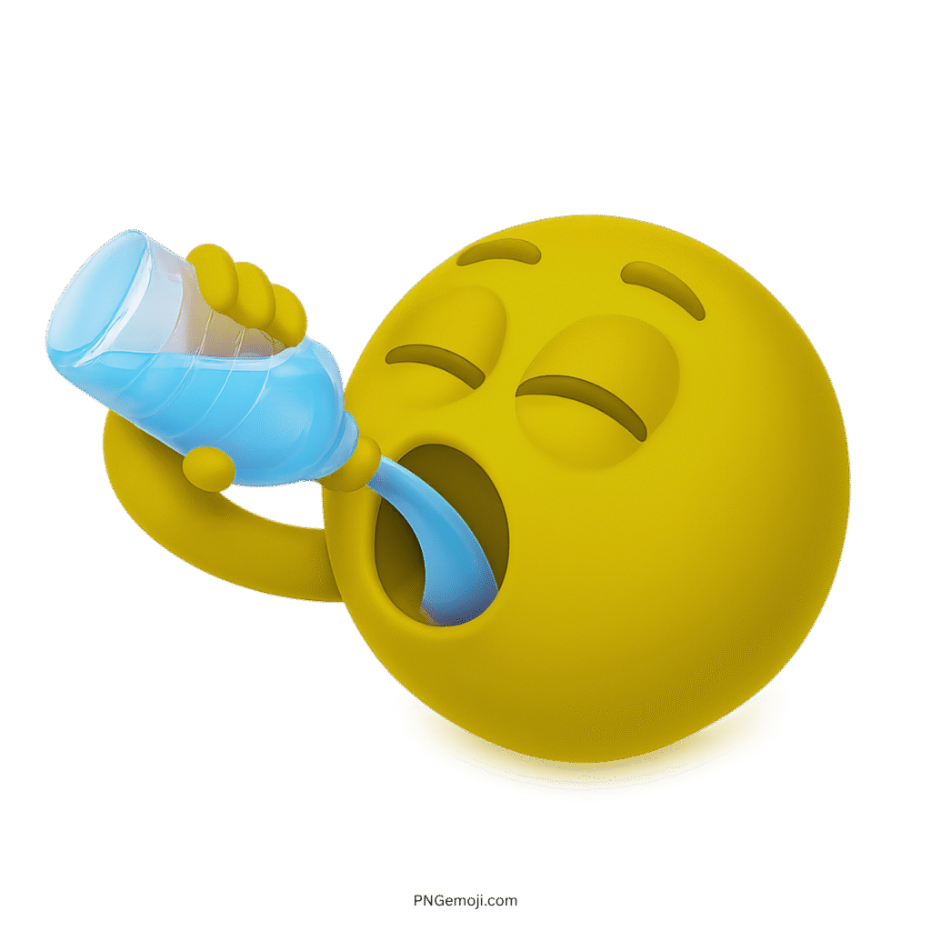 3D yellow smiley emoji drinking water from bottle symbolizing refreshment and hydration