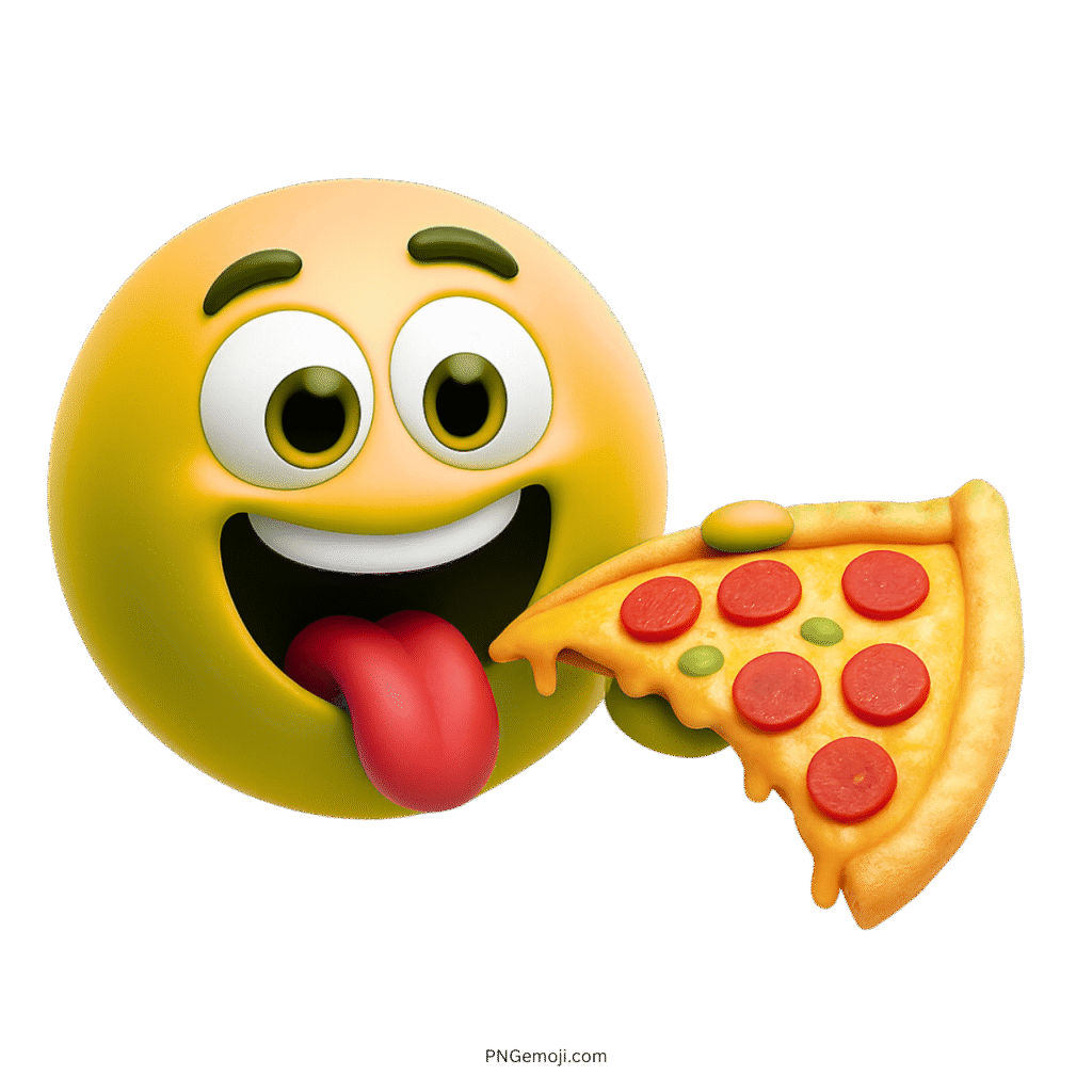 3D yellow smiley face emoji happily eating pepperoni pizza slice