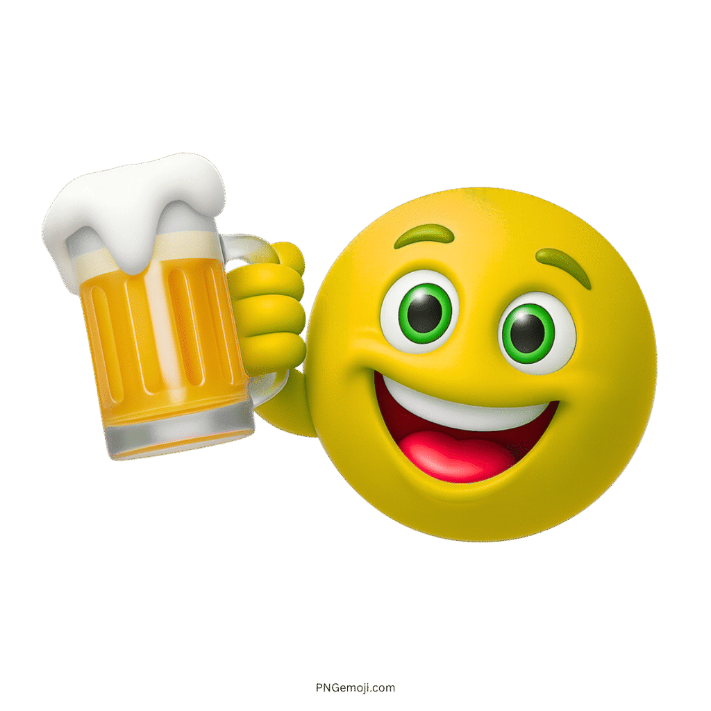 Yellow smiley emoji holding beer mug with foam, smiling with green eyes