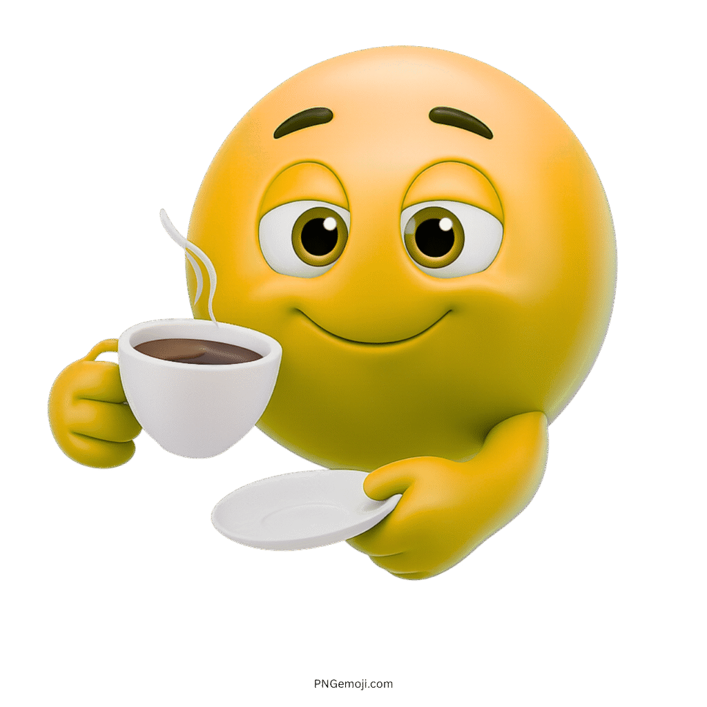 Yellow smiley emoji smiling while holding a hot cup of fresh coffee