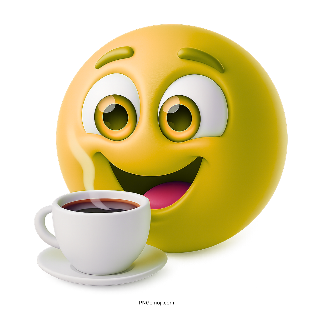Yellow smiling emoji enjoying hot coffee in white cup with saucer