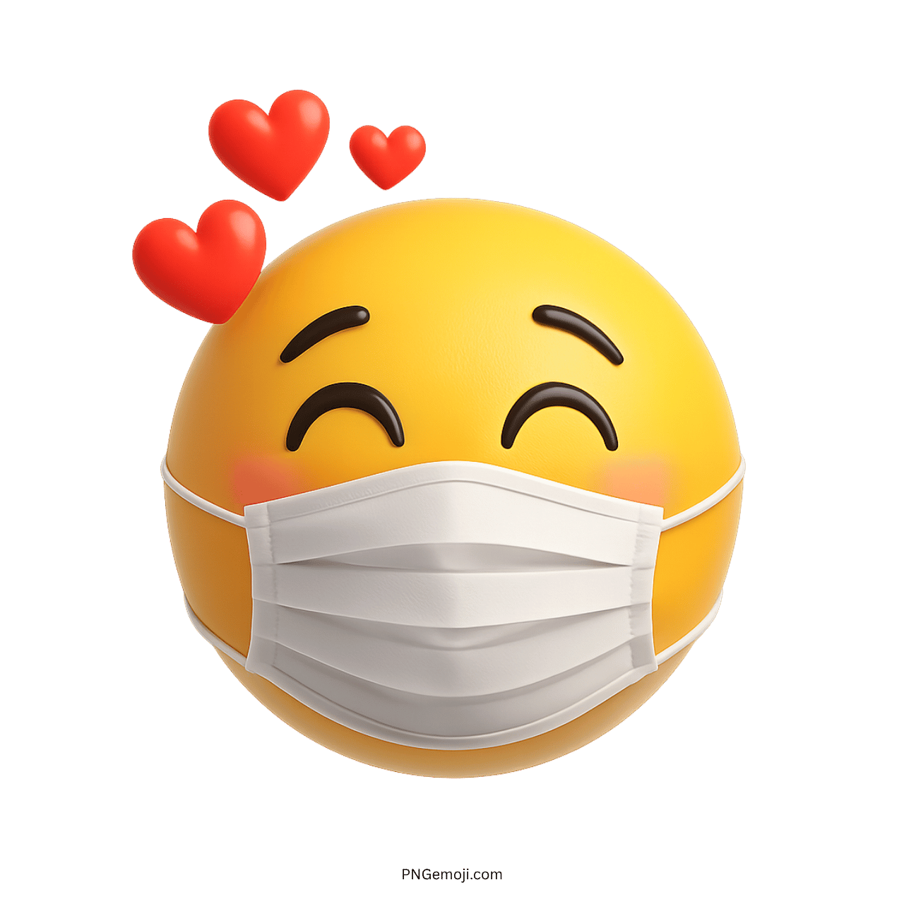 Yellow smiley face emoji with red love hearts and protective medical face mask