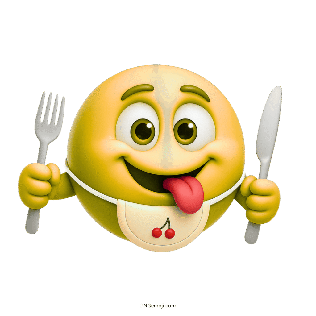 Yellow happy emoji with fork knife tongue out and cherry bib