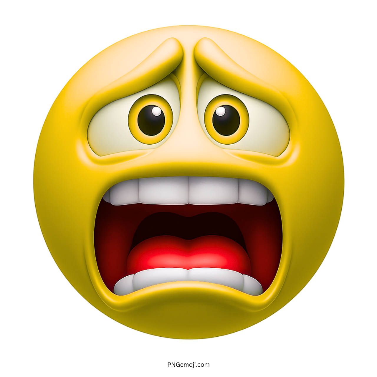 Yellow emoji face showing extreme panic, wide eyes, raised brows, and open mouth