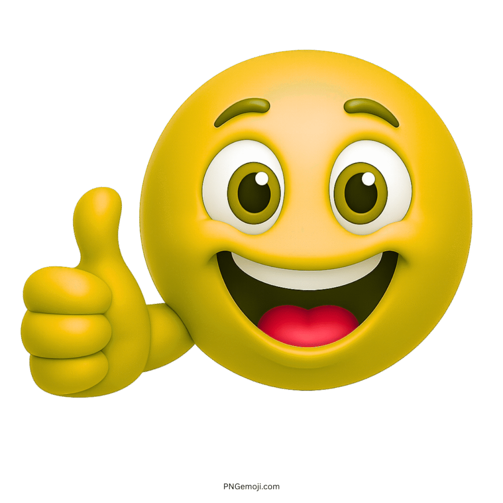 Yellow smiley emoji giving thumbs up with cheerful eyes and big happy smile