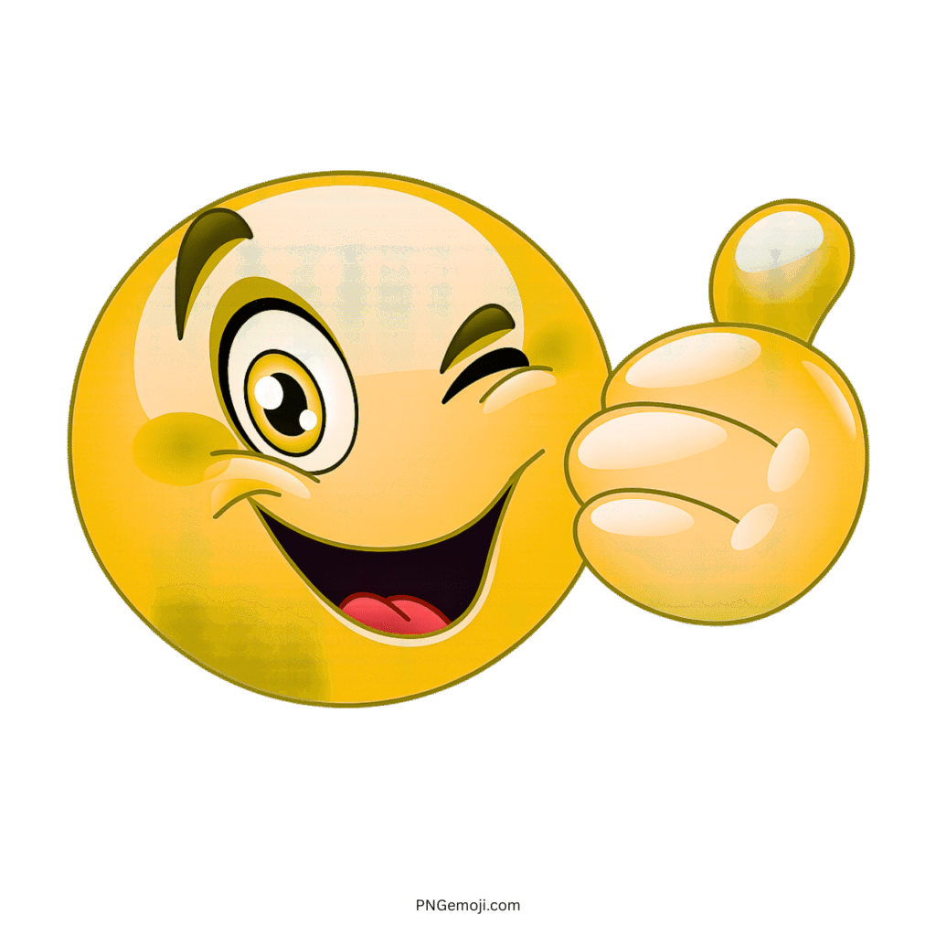Yellow winking smiley emoji giving thumbs up with cheerful and excited expression