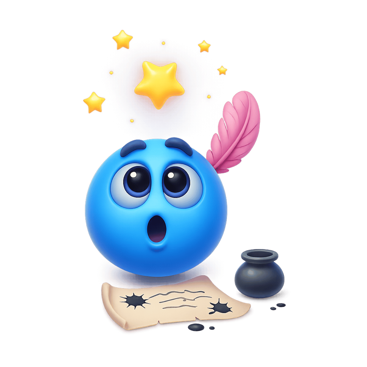 3D blue poet emoticon emoji with feather scroll inkpot and glowing star PNG
