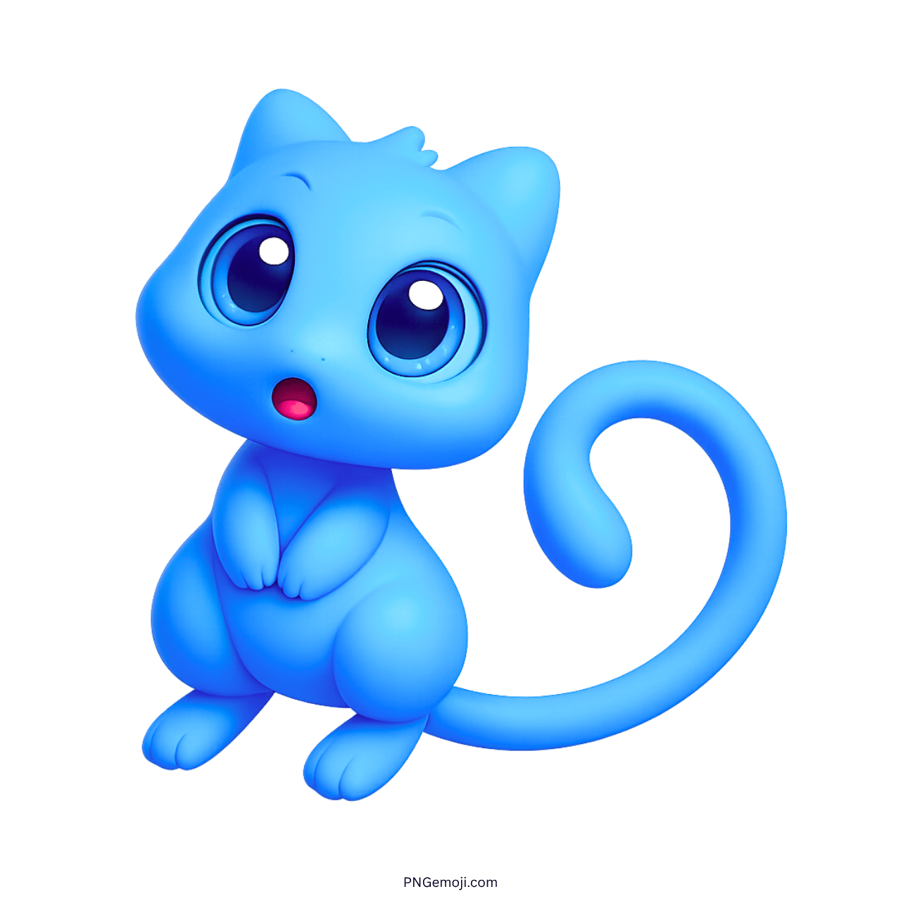 Adorable 3D blue cat emoji with big eyes and curled tail cartoon character