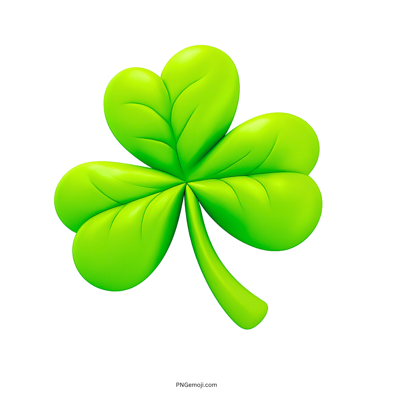 Bright green 3D shamrock clover emoji icon with transparent background for festive designs