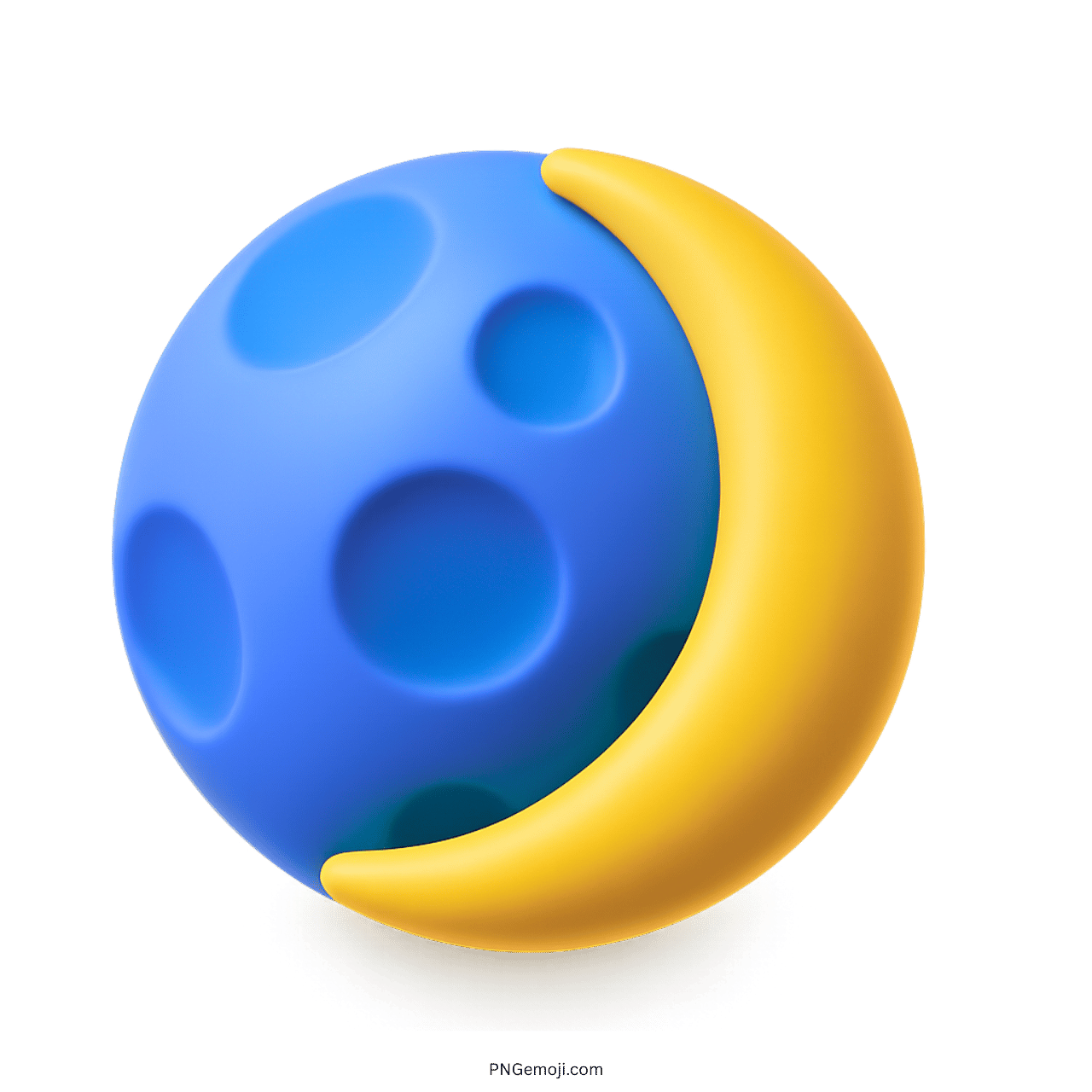 3D waxing crescent moon emoji with blue sphere and yellow crescent in PNG format