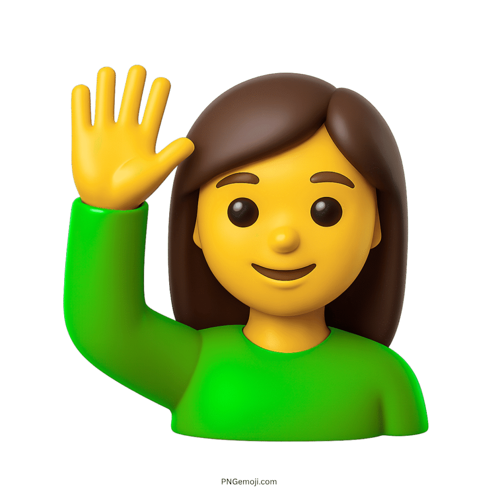 3D woman raising hand emoji in green top cartoon character style