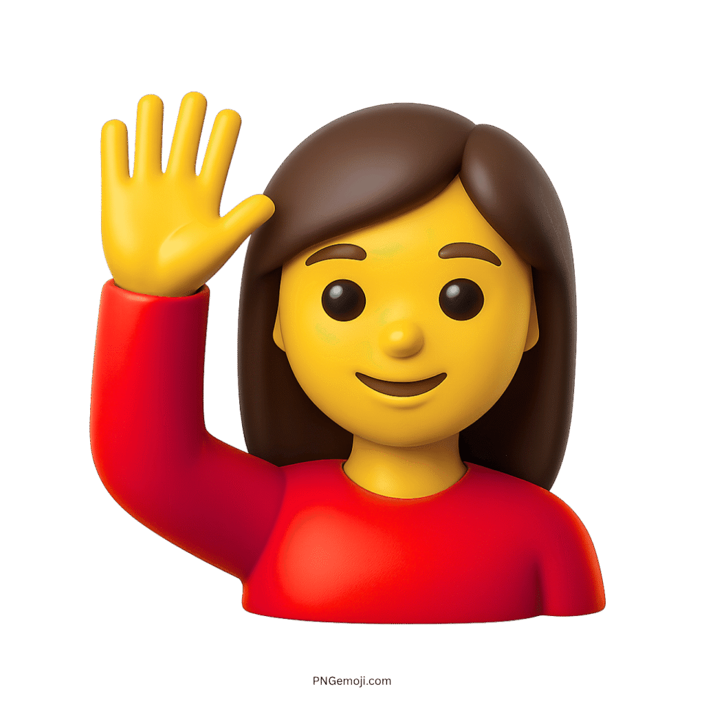 3D woman raising hand emoji wearing red top cartoon style character