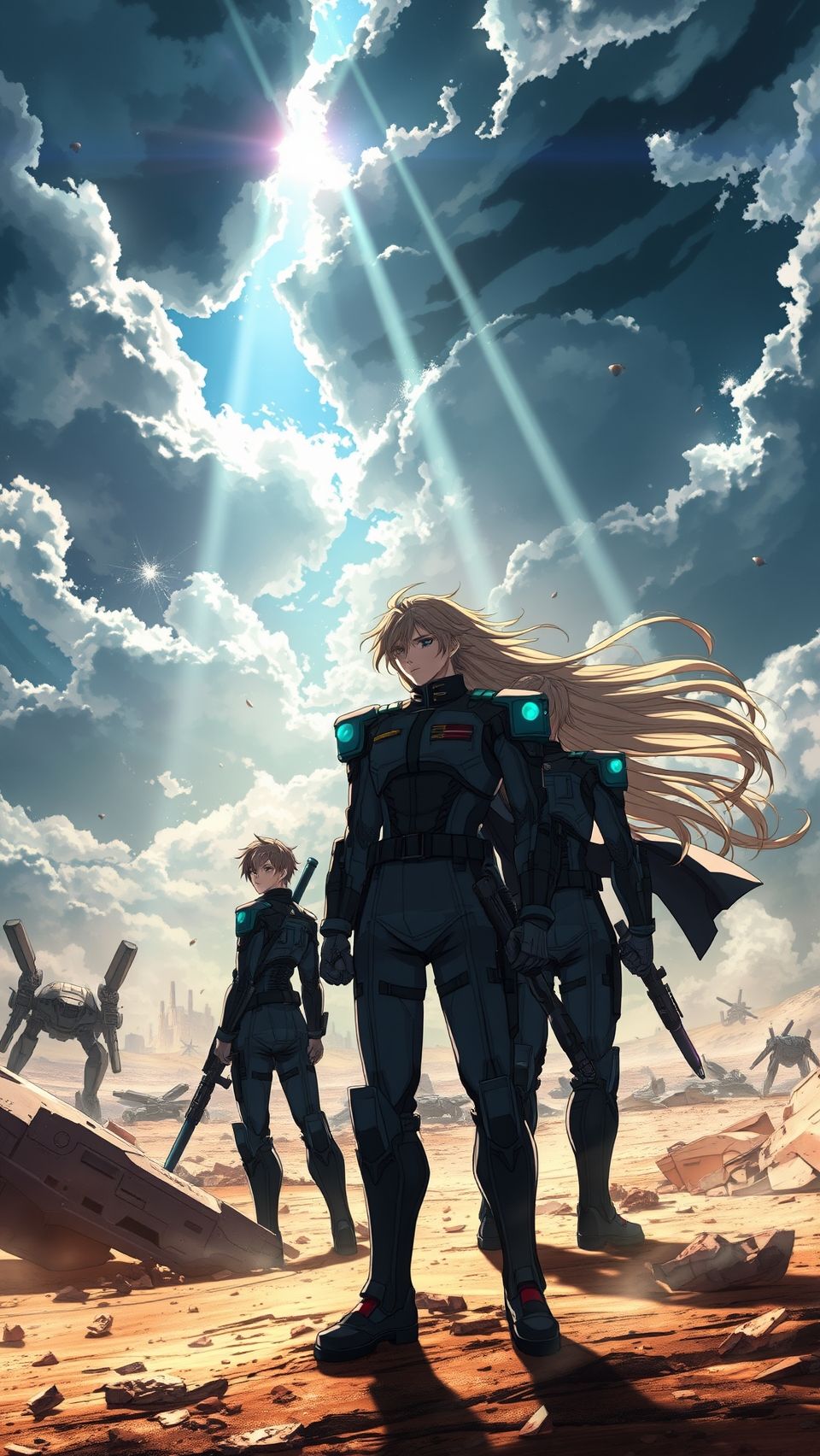 Anime soldiers in futuristic armor standing on battlefield under dramatic sky with mechs