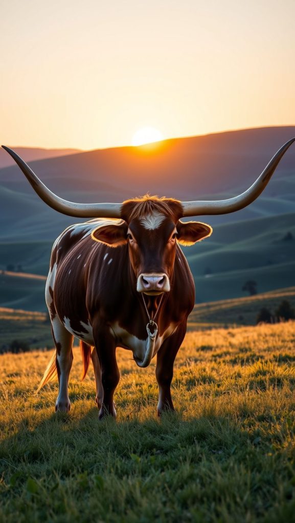 Majestic Longhorn Steer in Sunset Field