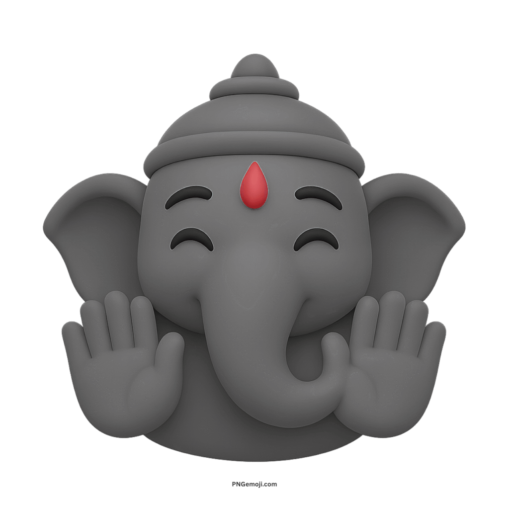 3D black Ganesh emoji icon with smiling face, raised hands, and red tilak on forehead