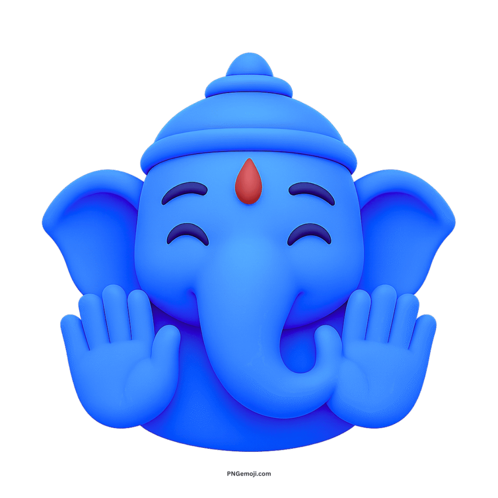 3D blue Ganesh emoji icon with smiling face and raised hands on transparent background