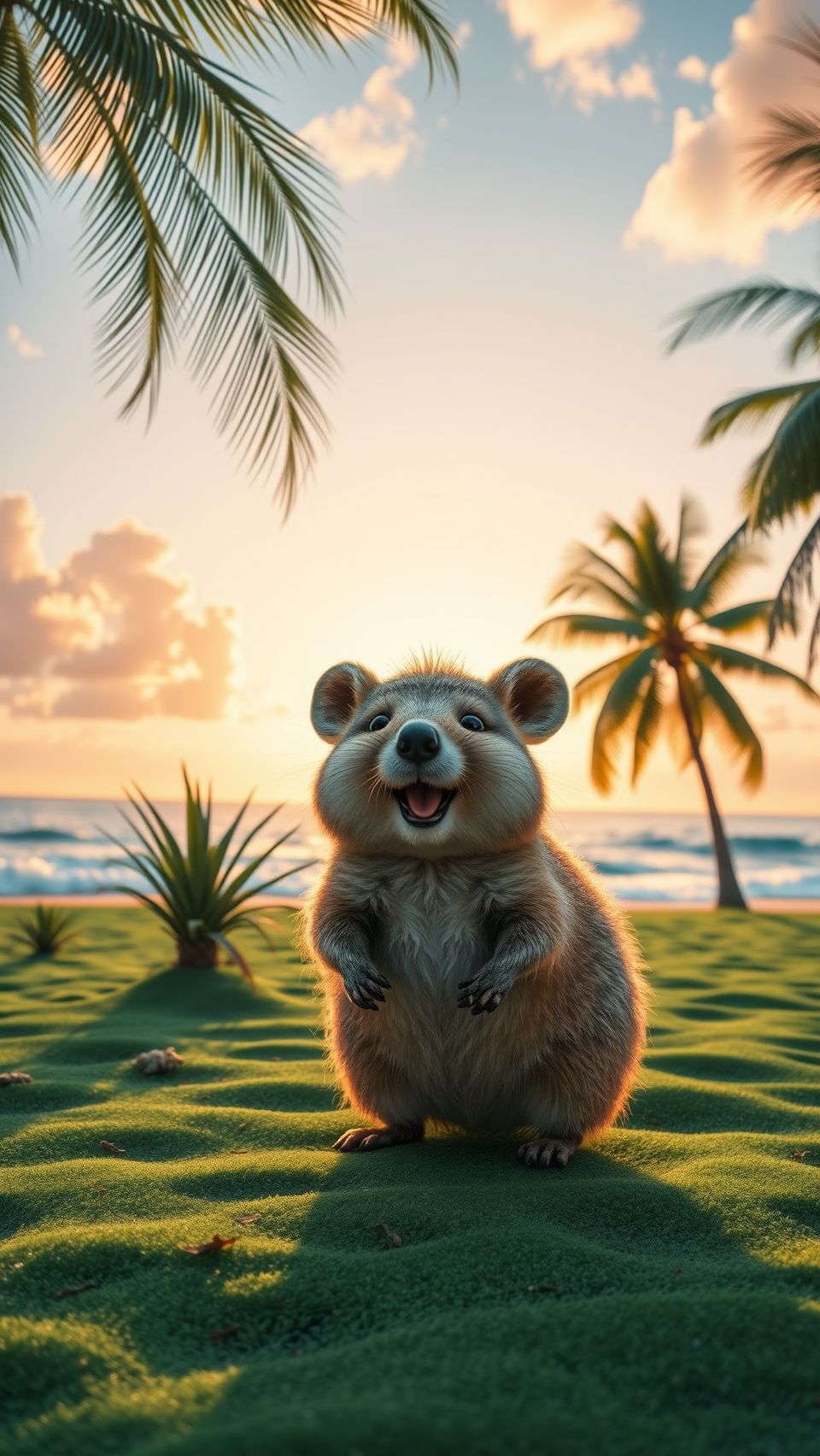 Cute quokka wallpaper HD featuring a happy animal on tropical beach at sunset