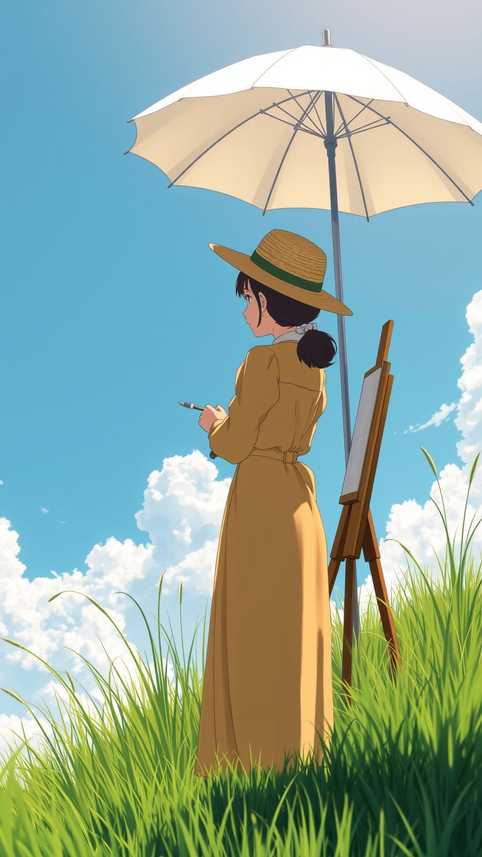 Anime girl painting under umbrella in The Wind Rises inspired scenic wallpaper