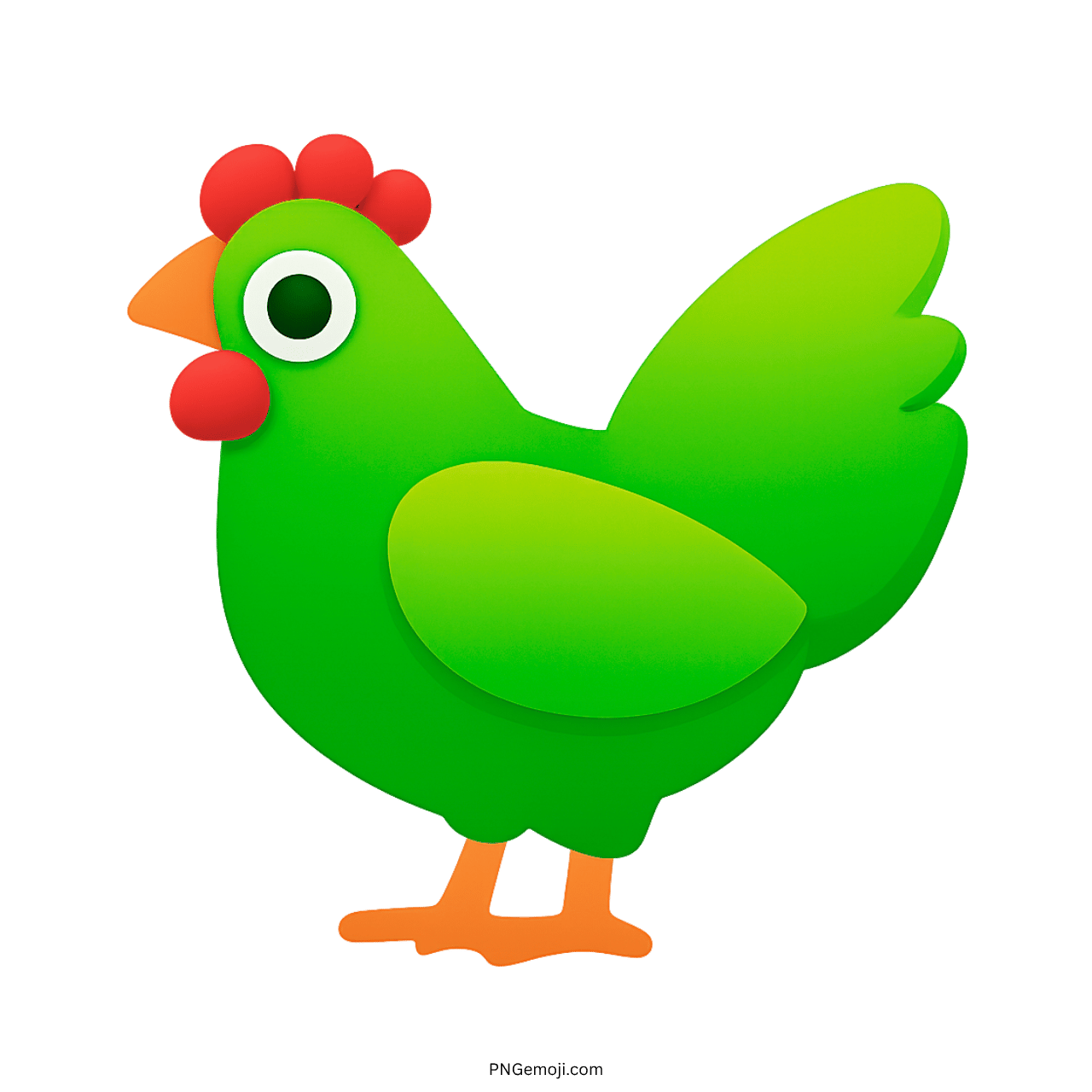 Colorful green chicken emoji with red comb, orange beak, and feet on a dark green background, perfect for digital communication.