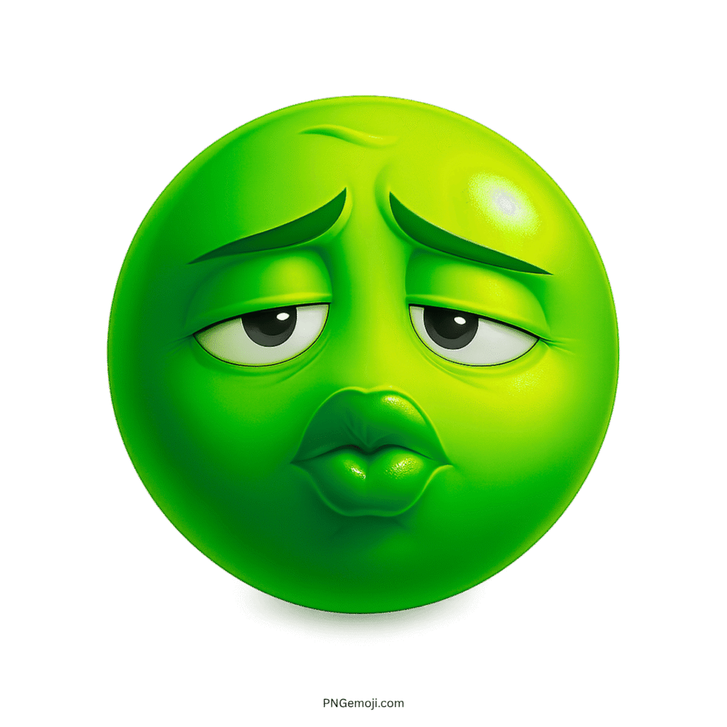 Green emoji face with pouting lips and sad eyes giving a kiss expression