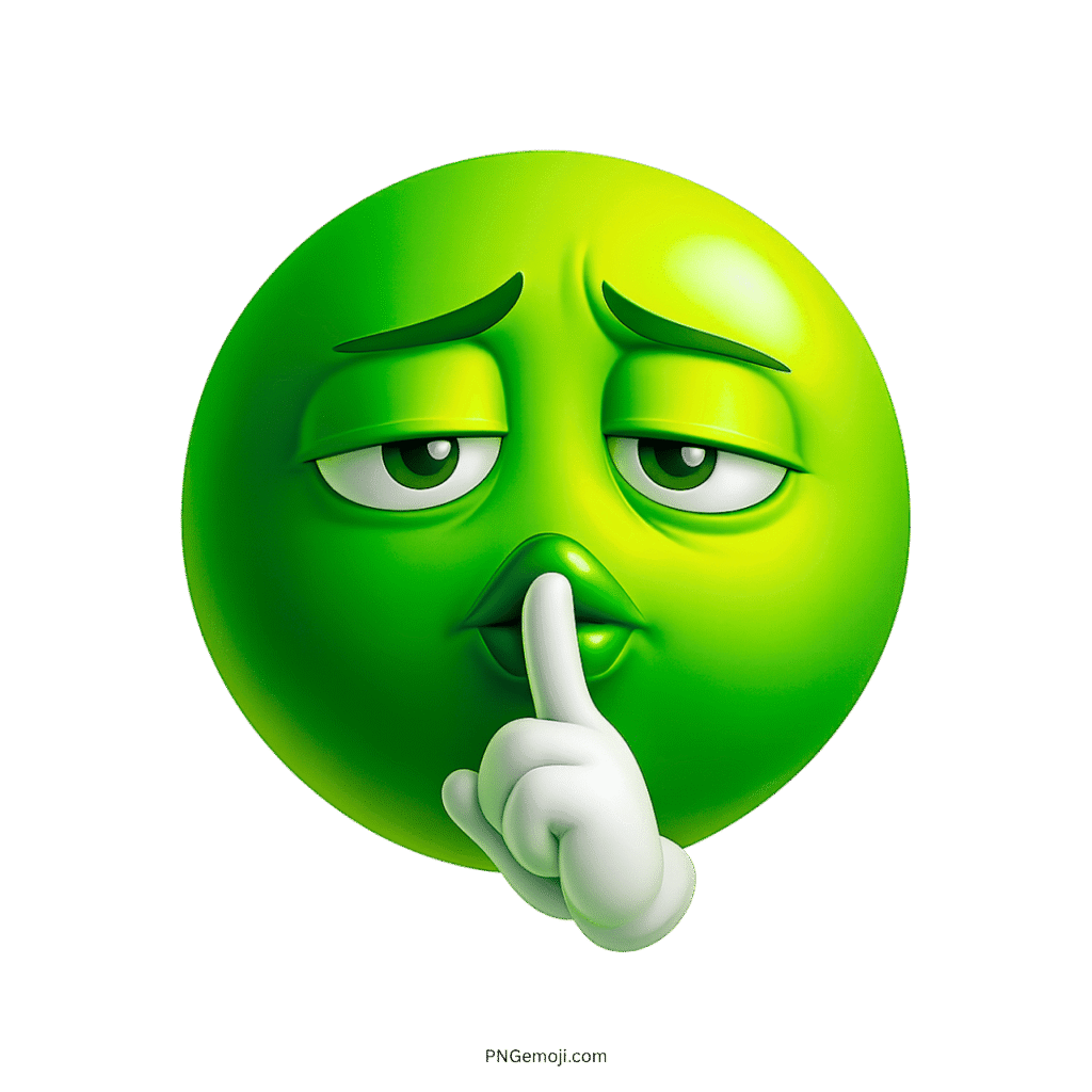 Green emoji face with shushing finger gesture and sleepy, serious expression