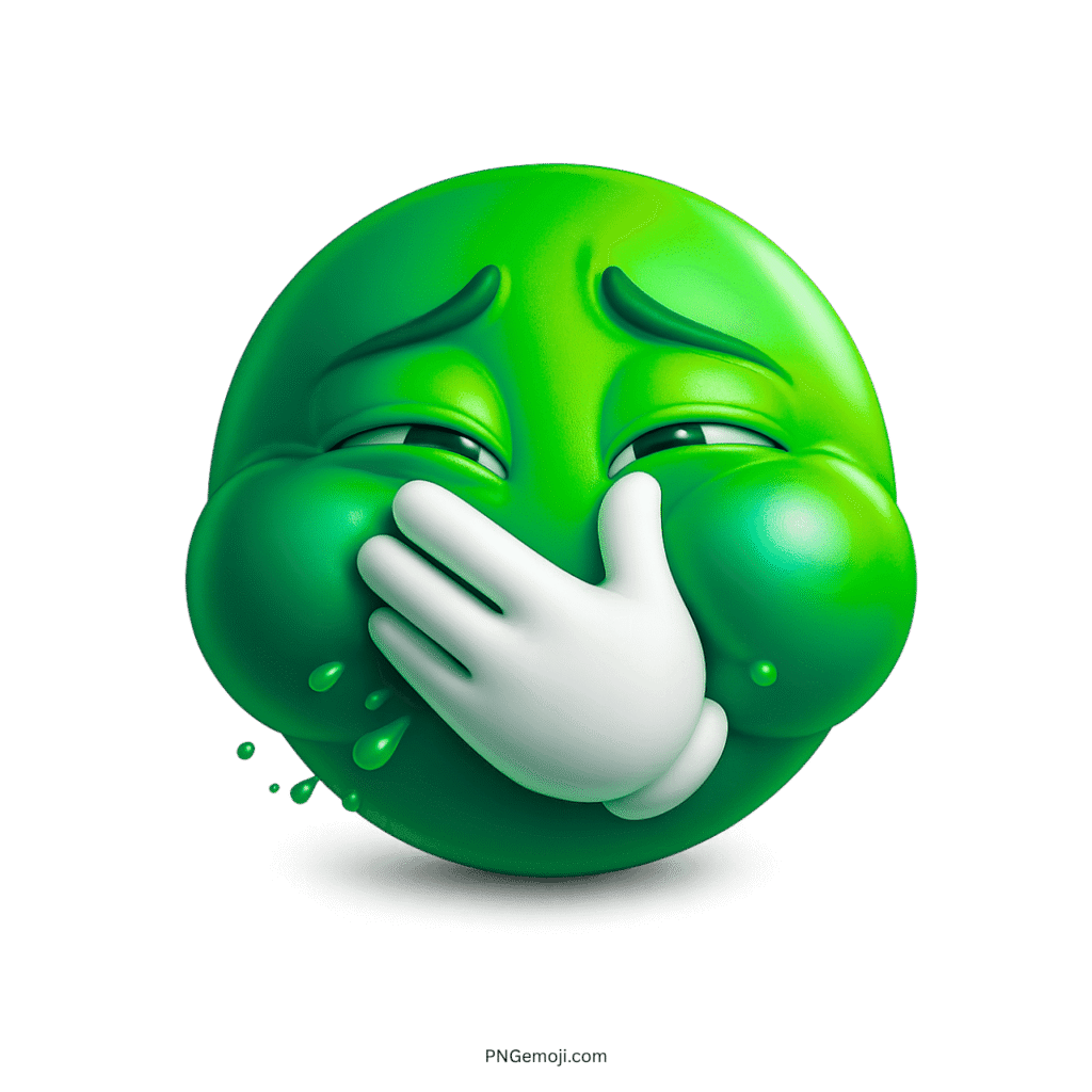 Green emoji face laughing hard with hand over mouth and teary eyes