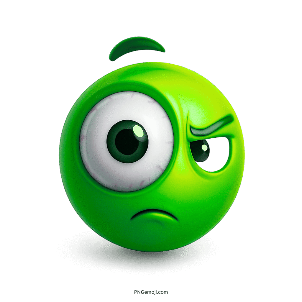 Green emoji with one eye wide open and suspicious, judging facial expression