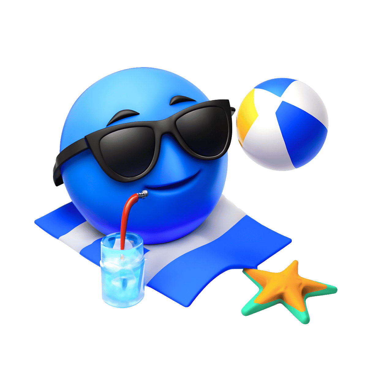 Summer vacation emoji with a beach ball, sunglasses, and a drink on a beach mat.