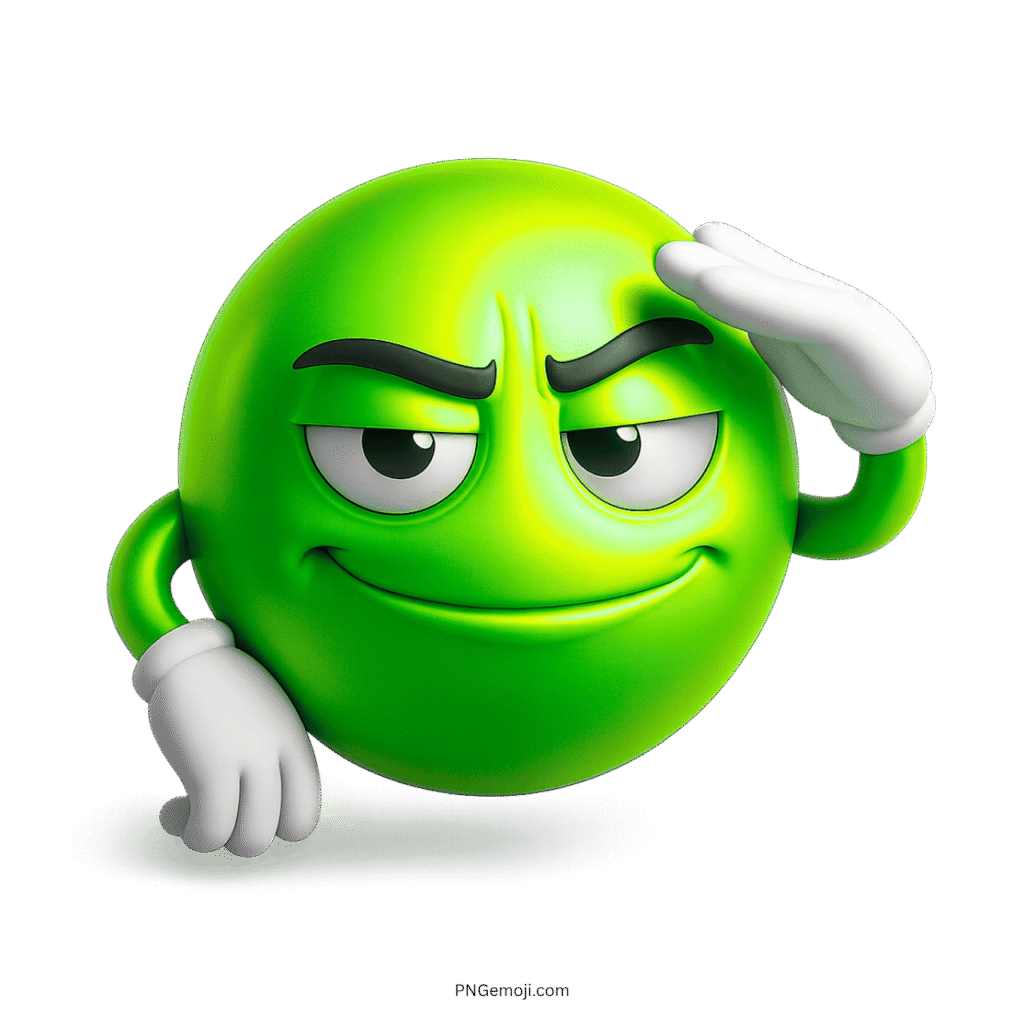 Green emoji with smug smile giving salute gesture and confident facial expression