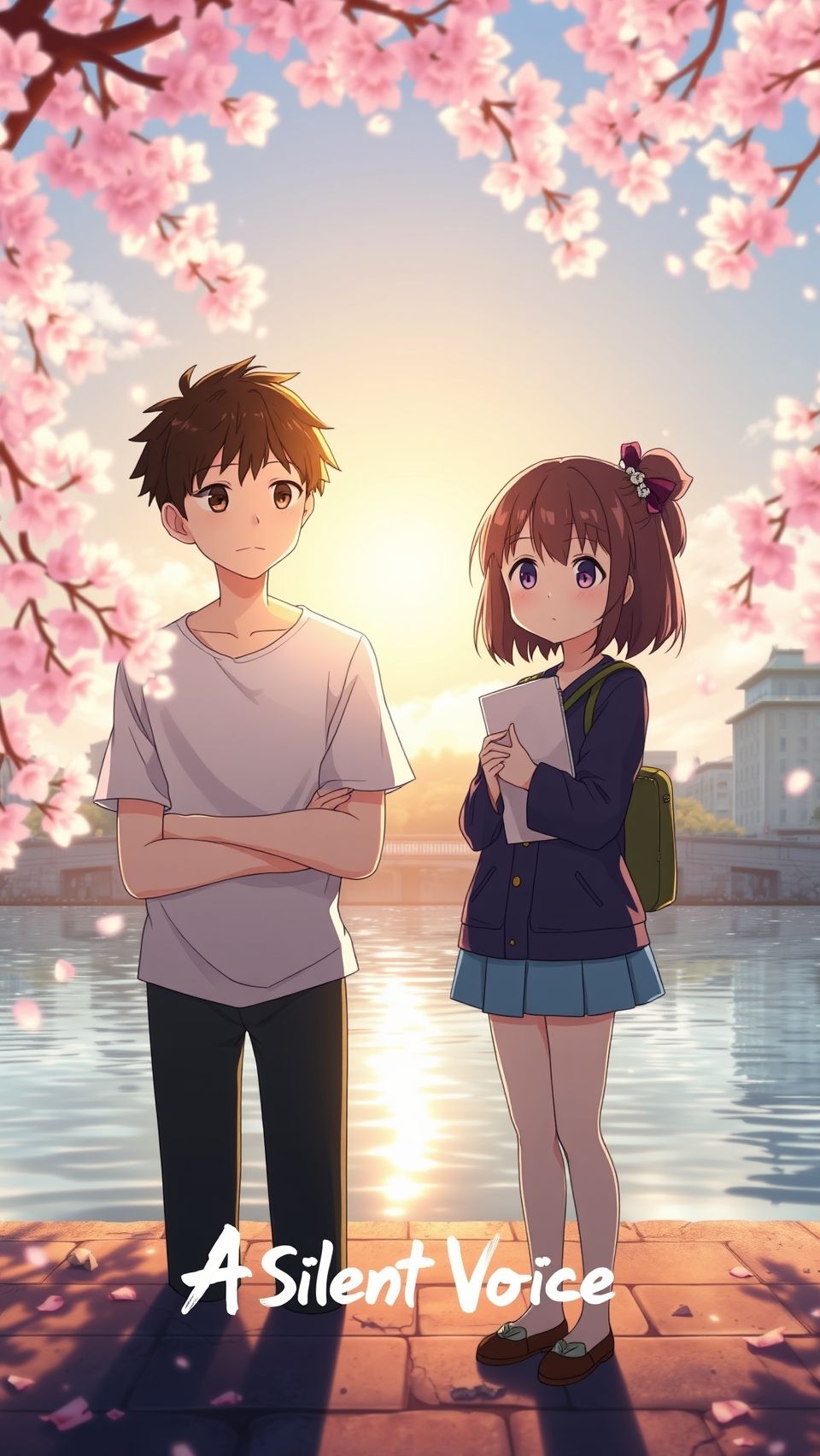 A Silent Voice anime wallpaper with Shoya and Shoko under cherry blossoms at sunset
