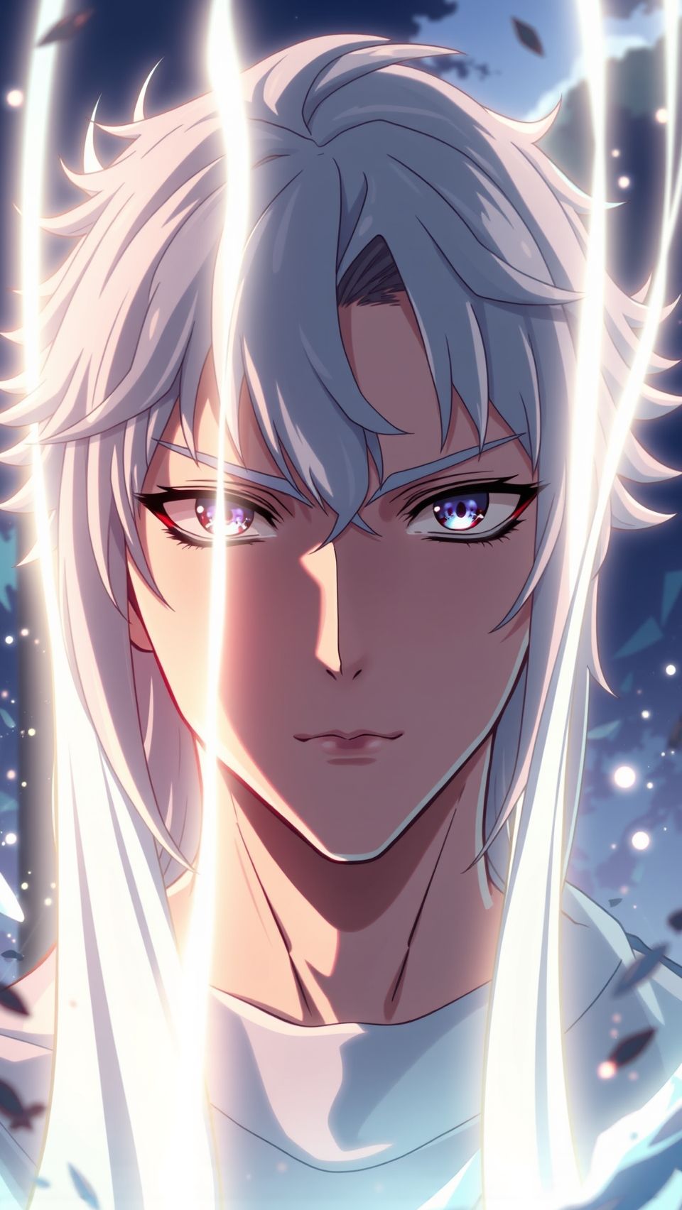 Ultra realistic anime phone wallpaper of white-haired character with glowing purple eyes and light effects