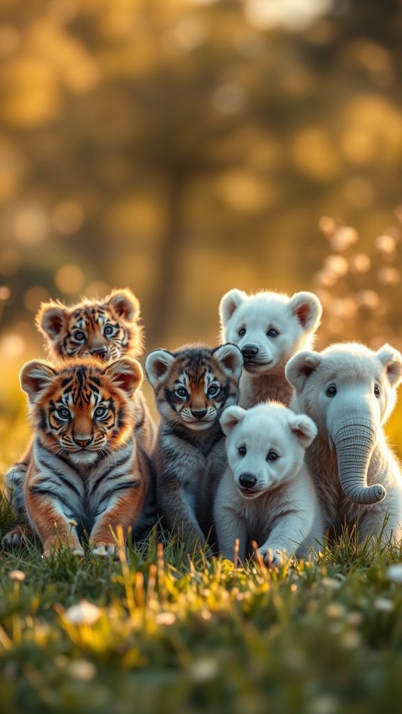 Cute baby tiger cubs, polar bear cubs, and elephant calf together in nature wallpaper