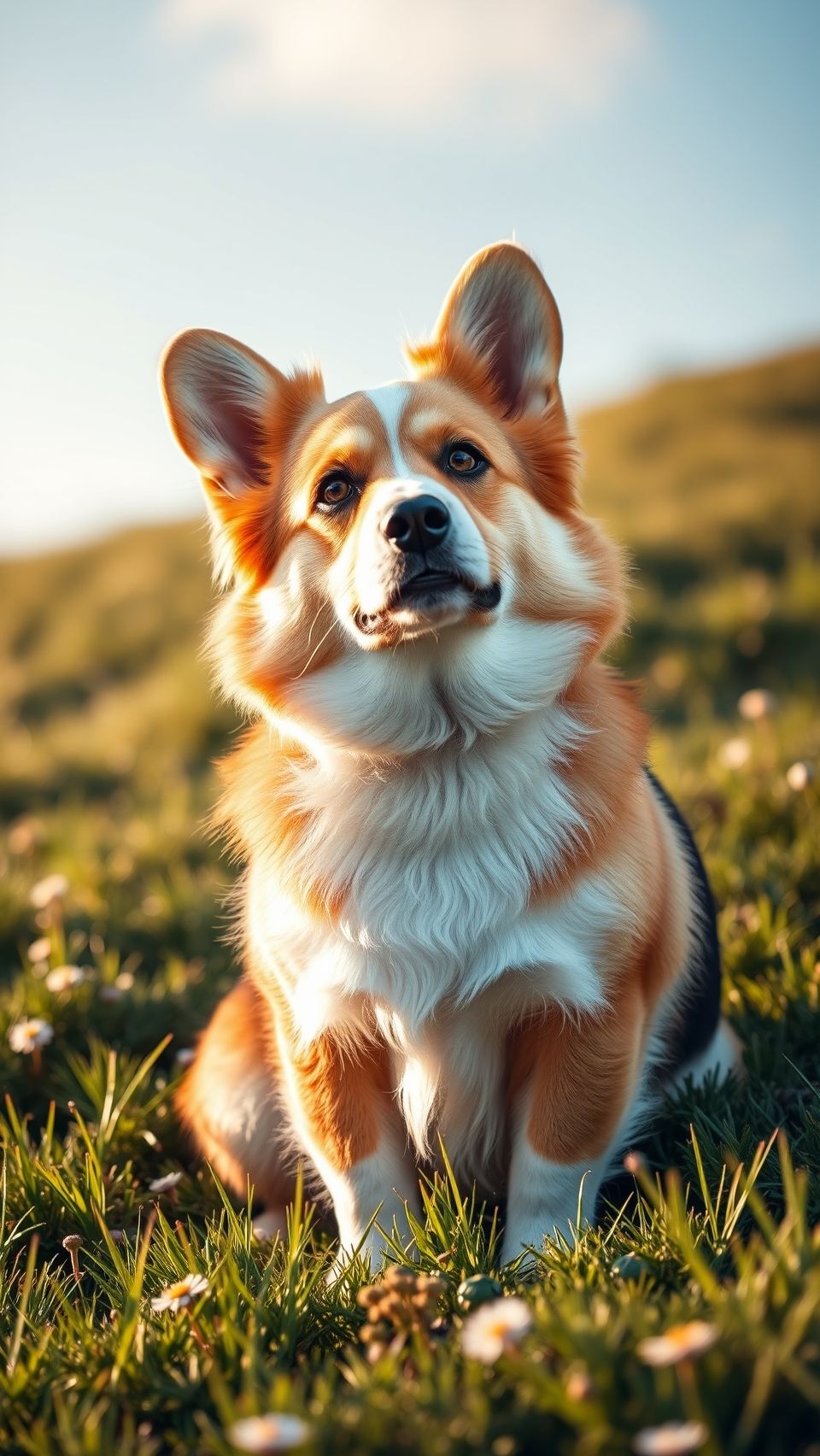 Corgi dog sitting in grass surrounded by flowers on a sunny day