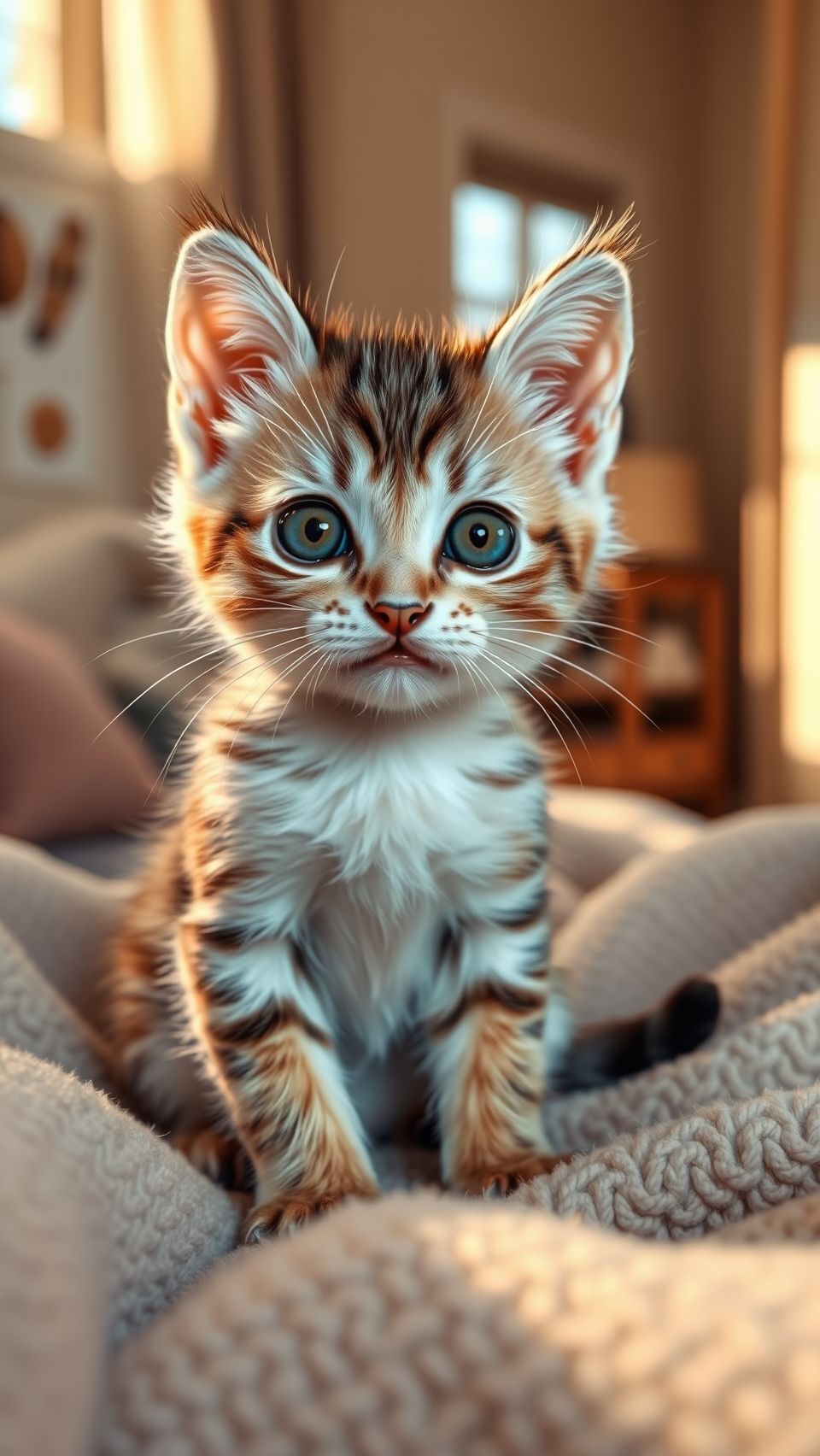 A cute kitten with striking eyes sitting on a fluffy blanket in a cozy room.