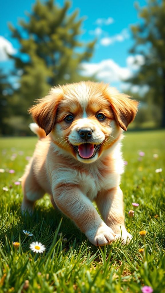 Cute puppy running in a meadow with vibrant green grass and flowers, happy expression