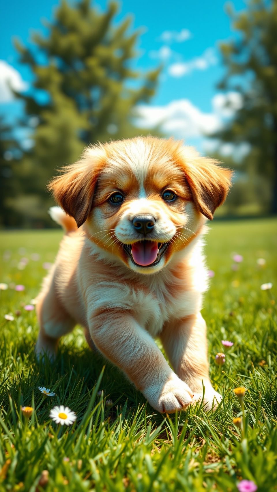 Cute puppy running in a meadow with vibrant green grass and flowers, happy expression