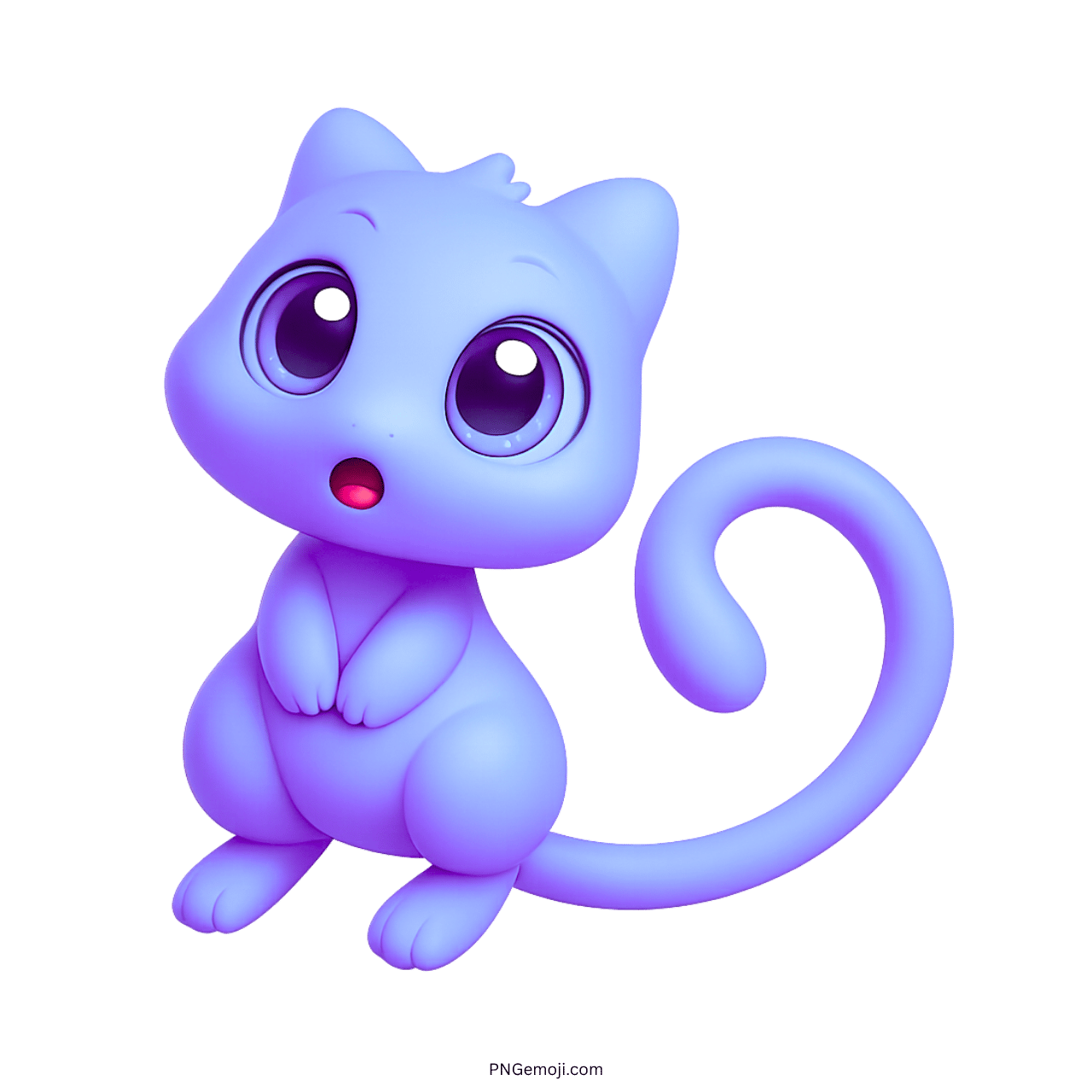 Adorable purple Mew emoji cartoon with large sparkling eyes and curly tail PNG