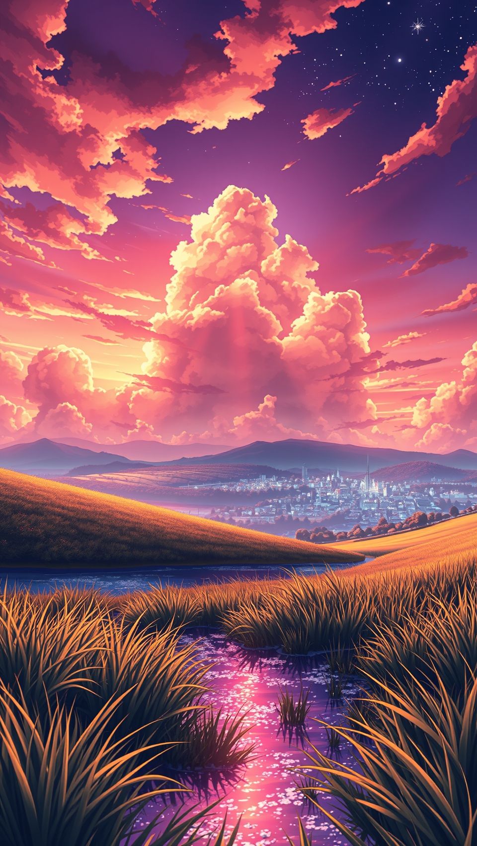 Beautiful Makoto Shinkai inspired anime wallpaper with sunset clouds, glowing city, and golden fields