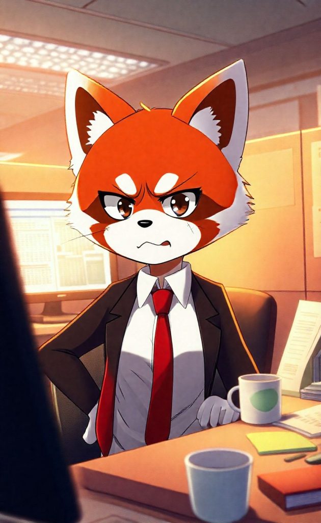 Aggretsuko red panda in office outfit showing anger in a professional setting, anime style.