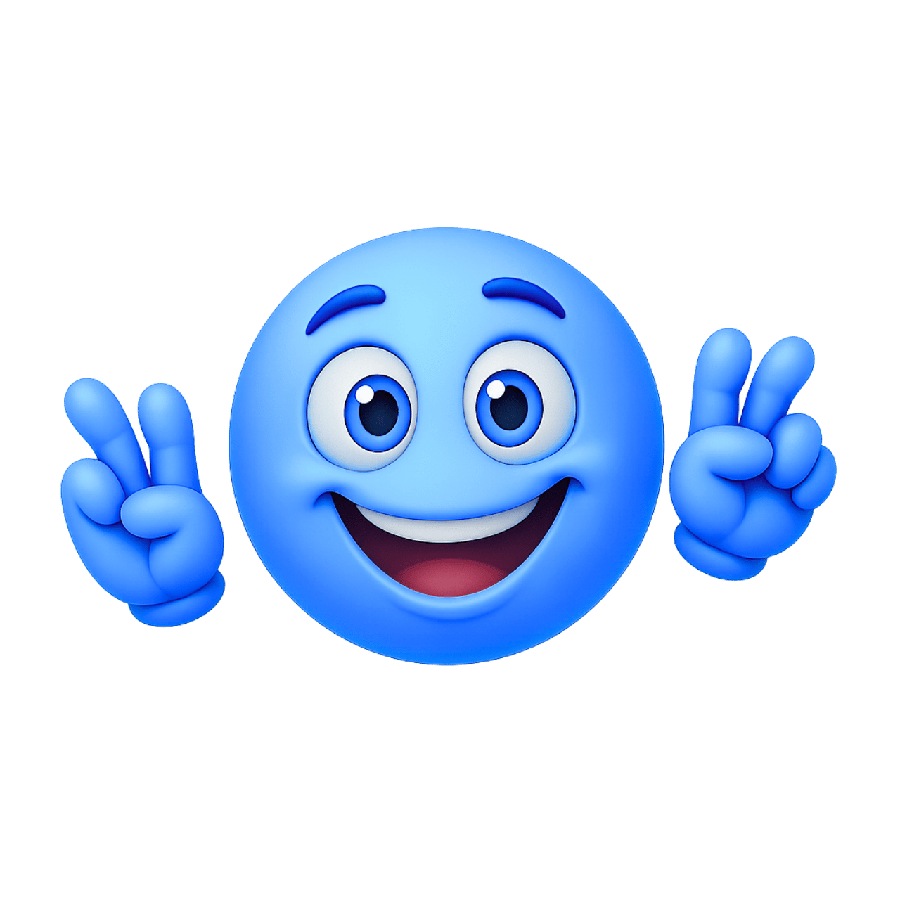 3D blue smiley emoji making air quotes hand gesture with happy face expression
