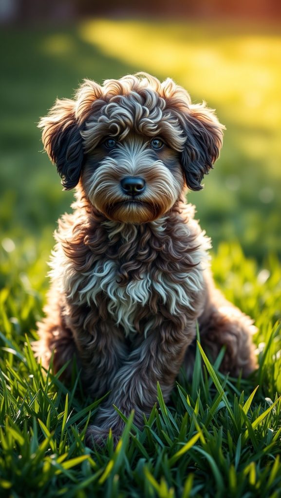 Fluffy Airedoodle dog with curly brown coat sitting on lush green grass outdoors