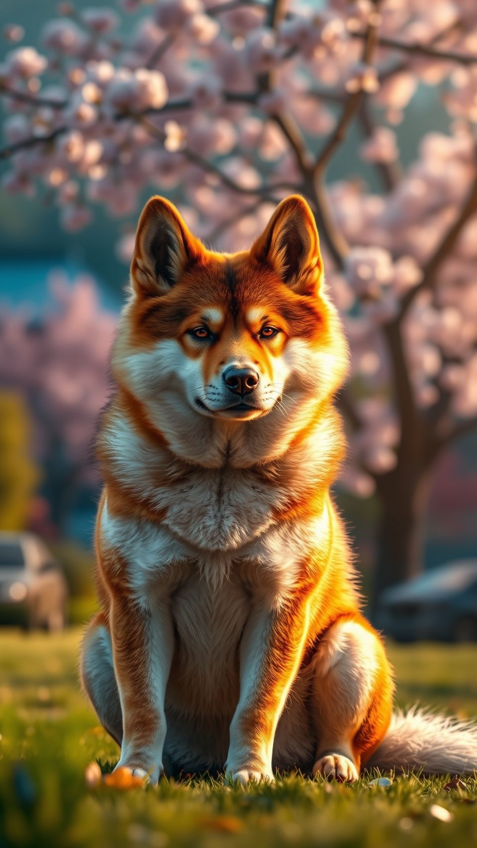 Beautiful Akita dog sitting under cherry blossoms in a peaceful outdoor spring setting