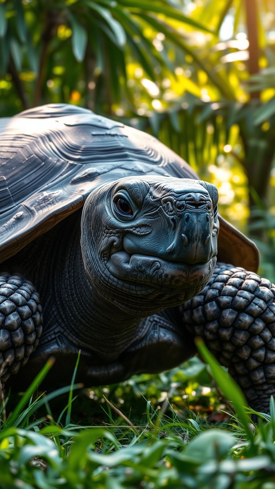 Close-up of Aldabra giant tortoise in lush green natural habitat wallpaper