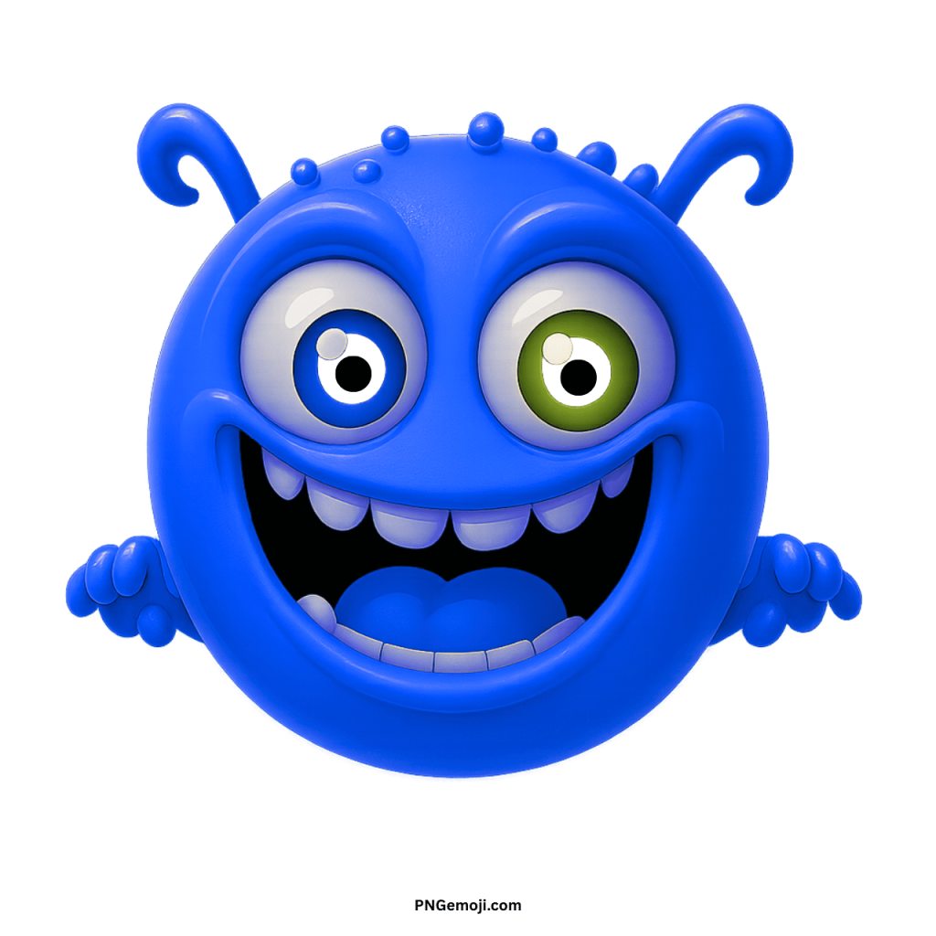 Blue alien monster emoji with big eyes, wide smile, and playful cartoon expression.