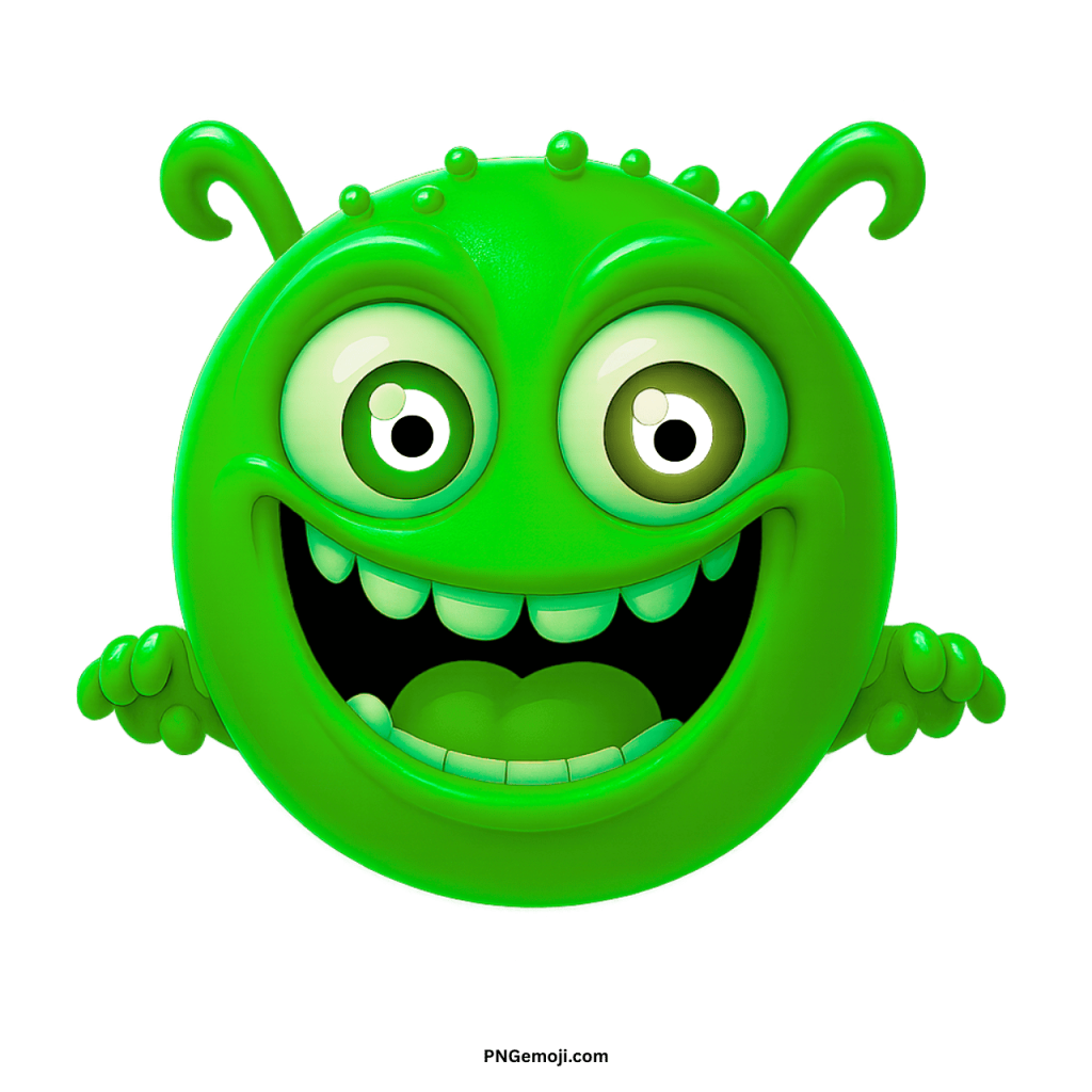 Green alien monster emoji cartoon face with big eyes, wide smile, and funny expression