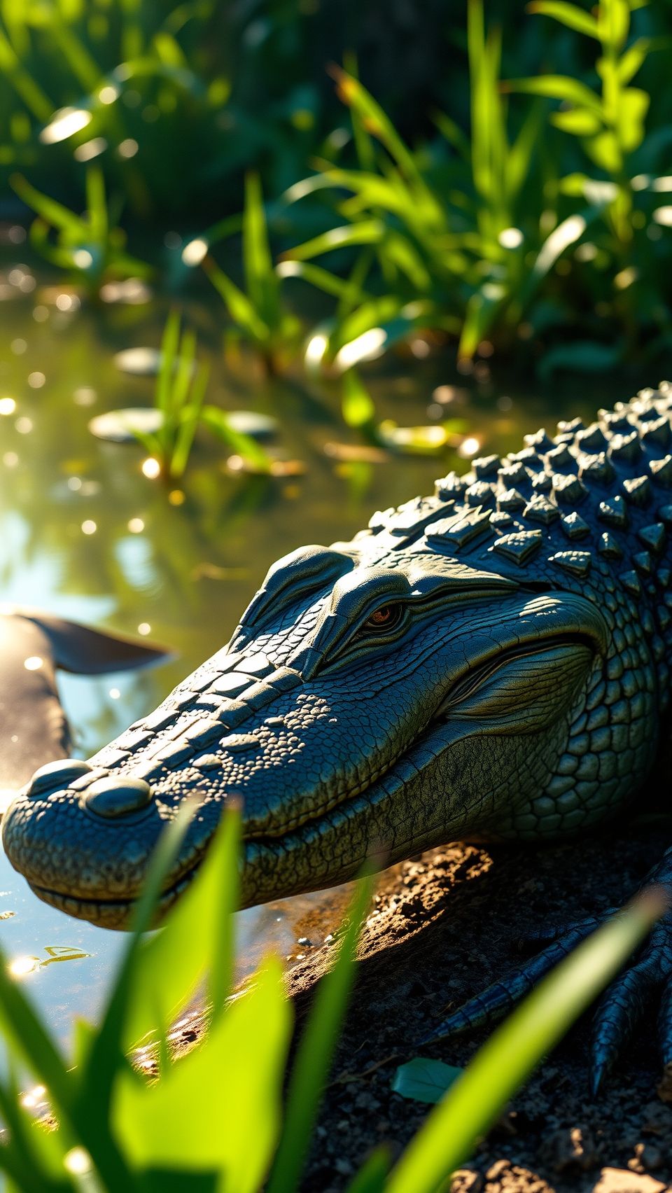 Realistic alligator resting by swamp with textured skin and sunlight reflecting on water.