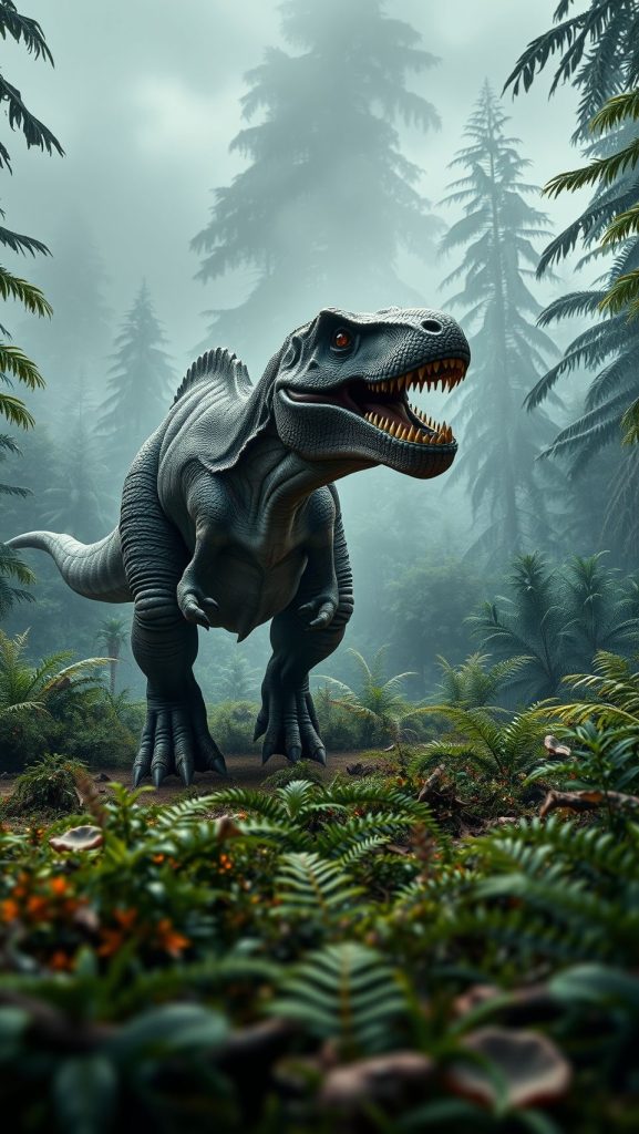 Allosaurus wallpaper showing a massive prehistoric dinosaur in a lush Jurassic forest
