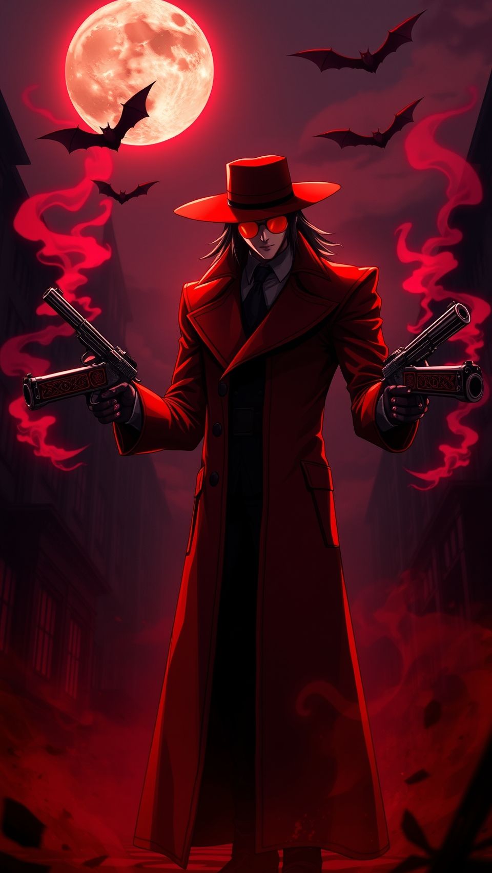 Alucard from Hellsing anime with guns under red moon and flying bats